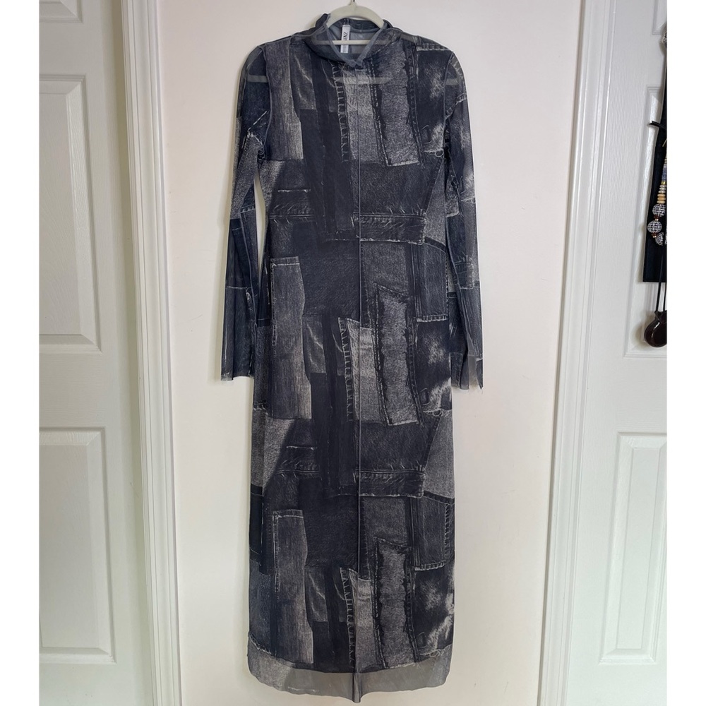 Zara Denim Print Mesh Long Sleeve Dress